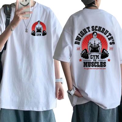 Dwight Schrute gimnasio para músculos camiseta de doble cara serie de televisión la oficina Michael Scott camisetas de manga corta hombres Camiseta de algodón