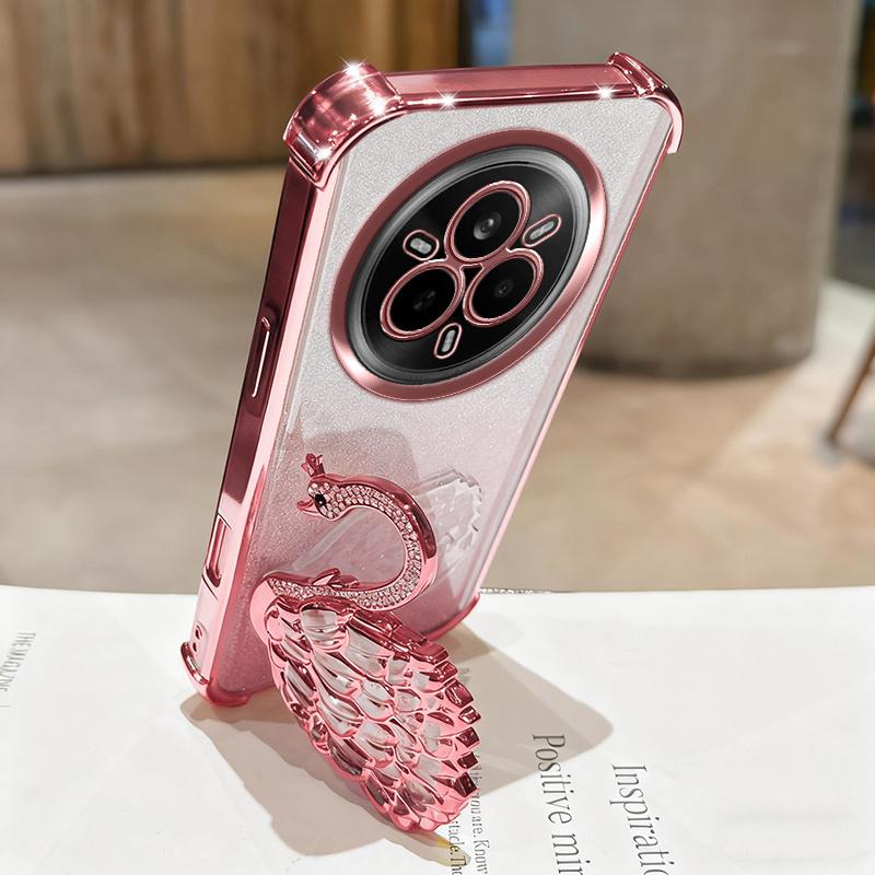 KEYSION Shockproof Plating Phone Case for Realme 14 Pro 5G Clear TPU Glitter Jewelled Swan Kickstand Back Cover for OPPO Realme 14 Pro+ 5G