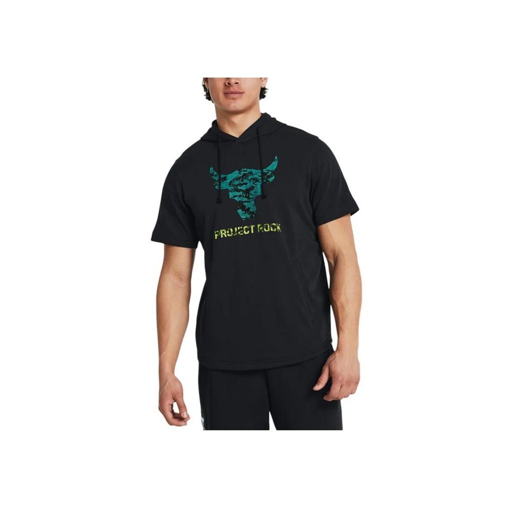 Under Armour Project Rock American Vintage Letter Print Hooded Short Sleeve T-Shirt Men Tops Black 1383227-001