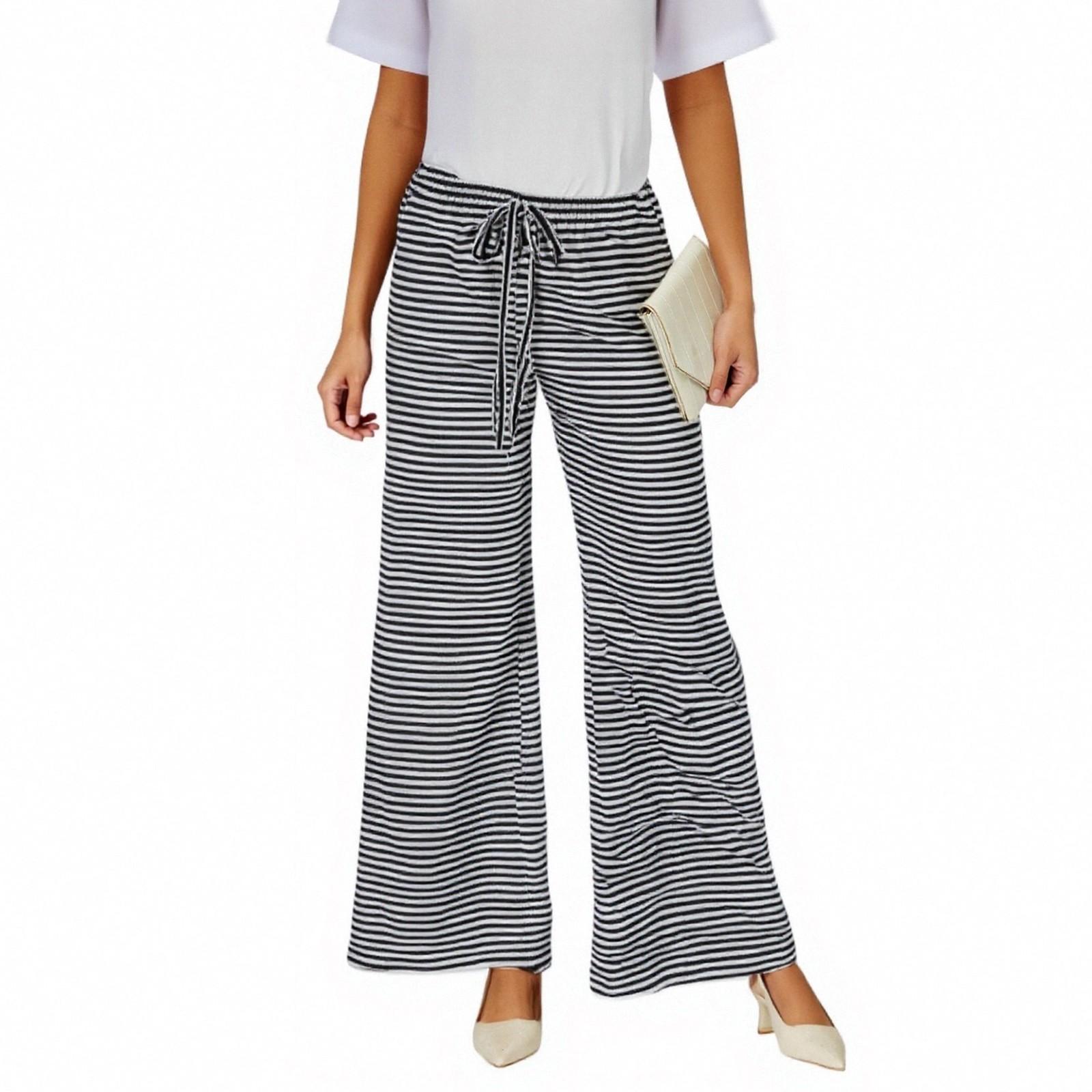 

Женские модные повседневные трикотажные полосатые брюки с высокой талией и завязками на резинке, свободные прямые брюки S чёрный