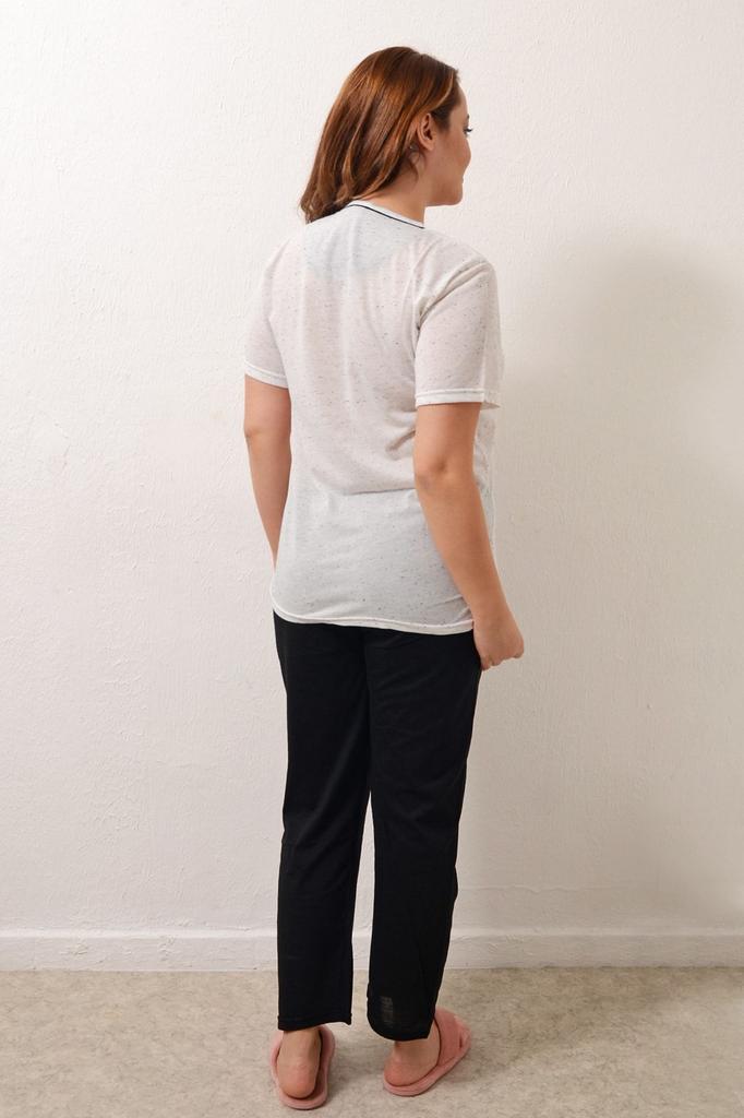 Damski Styl Plus Size Zestaw Piżamowy Ekru Czarny Haftowany Krótki Rękaw Duży Rozmiar Zestaw Piżamowy