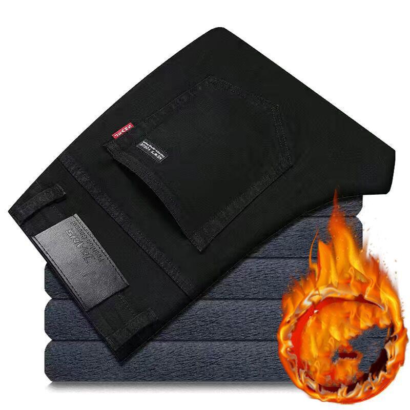 

Мужские теплые прямые джинсы, утолщенные зимние деловые джинсы для снега, теплые подбитые джинсы 28 чёрный