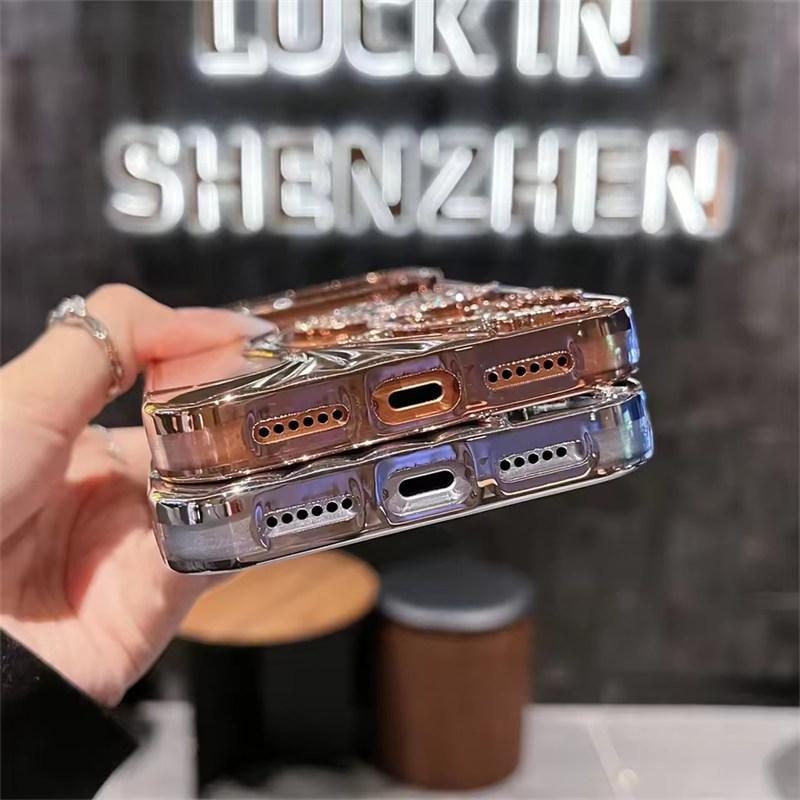 Glitter Rhinestone Flowers Transparent Phone Case For iPhone 17 Air 16 15 14 13 12 11 Pro Max Plus Plated Armor Frame Back Cover