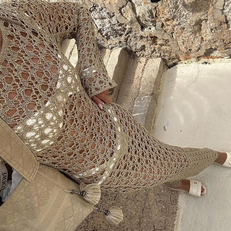 2024 Women's European & American Knitted Beach Dress: Hollow Out, Solid Color, Sexy Backless, Tie-Up, Long Sleeve Maxi Dress & Bikini Cover-Up