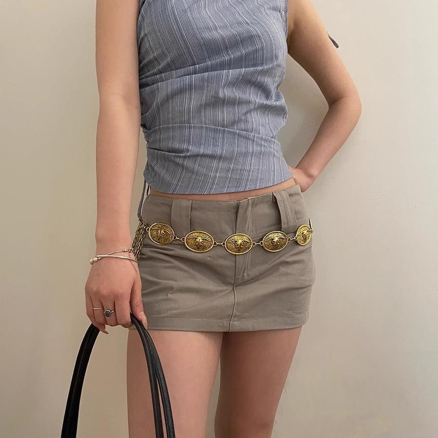 Retro Ethnic Style Metal Waist Chain Women'S Niche Design With Fashion High Sense Tide Oval Cow Head Belt Women