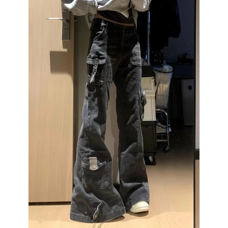 Women's Flare Cargo Jeans Harajuku Japanese Low Rise Denim Pants Abi Y2k Bell Bottom American Retro High Street Dark Academia