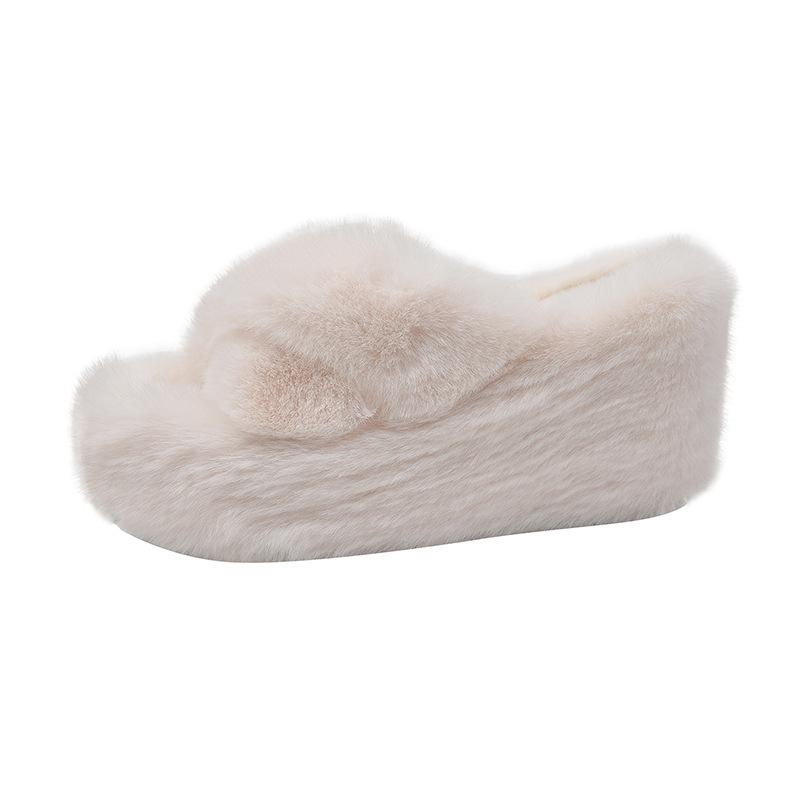 

Thick-bottomed cross-haired slippers women s autumn and winter outer wear new versatile indoor small height-increasing muffin cotton slippers 35