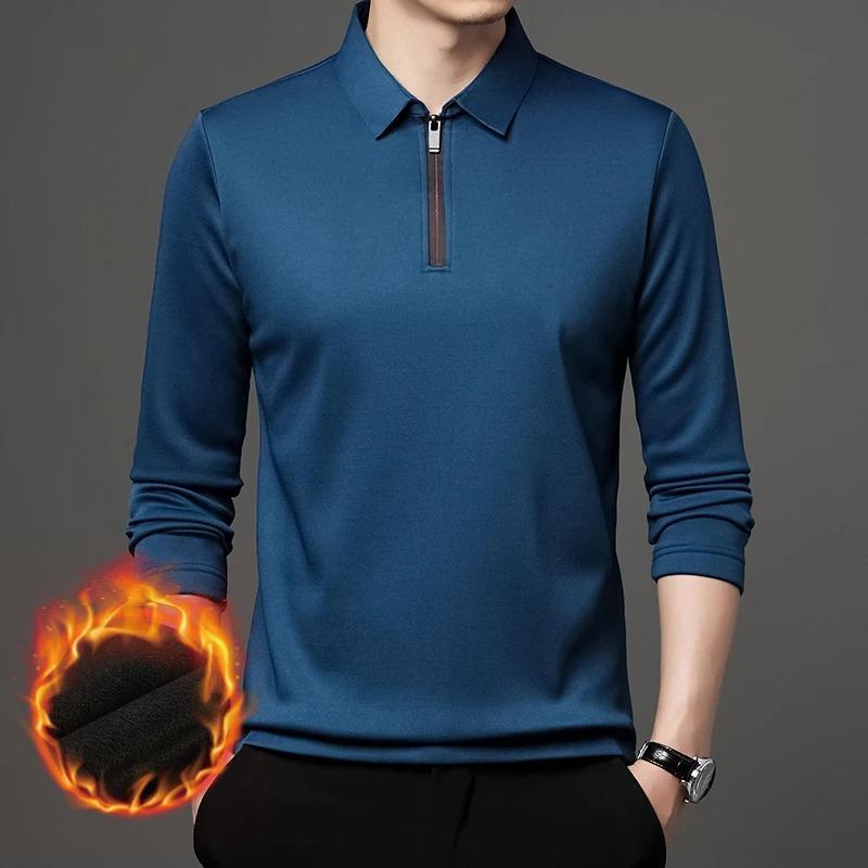 New T Shirt Zipper Polo Shirt Male Fashion Turn-Down Collar Long Sleeve Business Men Clothes