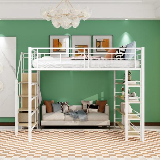 Youth Bed with Safety Stairs Several Shelves Built-in Wardrobe Strong Load Bearing Metal Frame Loft Bed Home Furniture