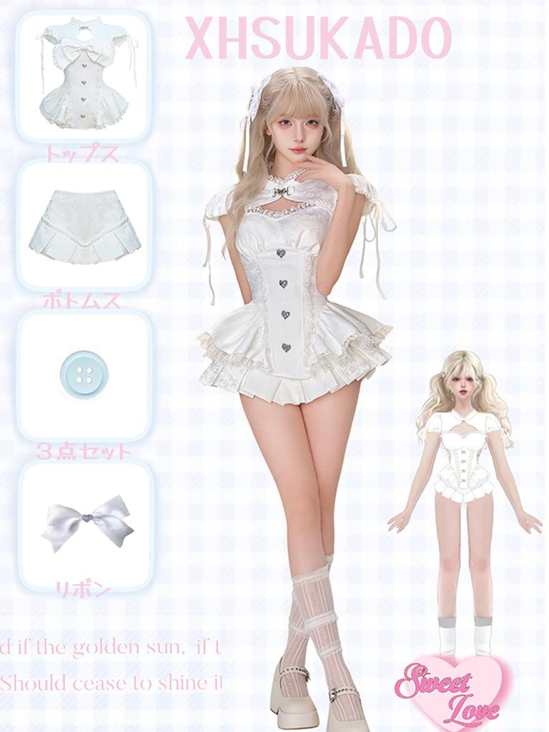 XHSUKADO Stage Costume Top and with Short and Korean Low Size L Women's 3-Piece Set, Bottoms, Ribbon, Sleeves, Lace, Ruffles, Style, Neck, Sexy, Cute,