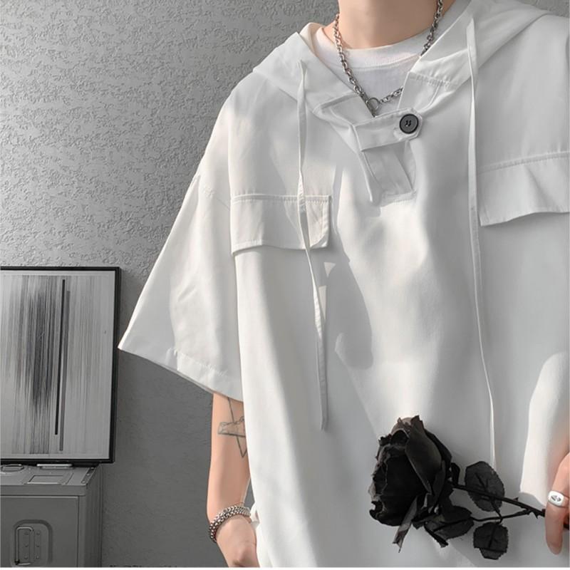 T-shirt con cappuccio estiva da uomo a maniche corte pullover streetwear t-shirt larga con coulisse abbigliamento da uomo moda