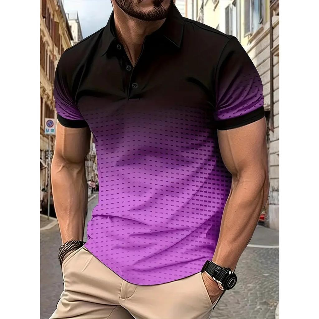 Colour blocking gradient tops daily casual lapel short sleeve polo shirt man
