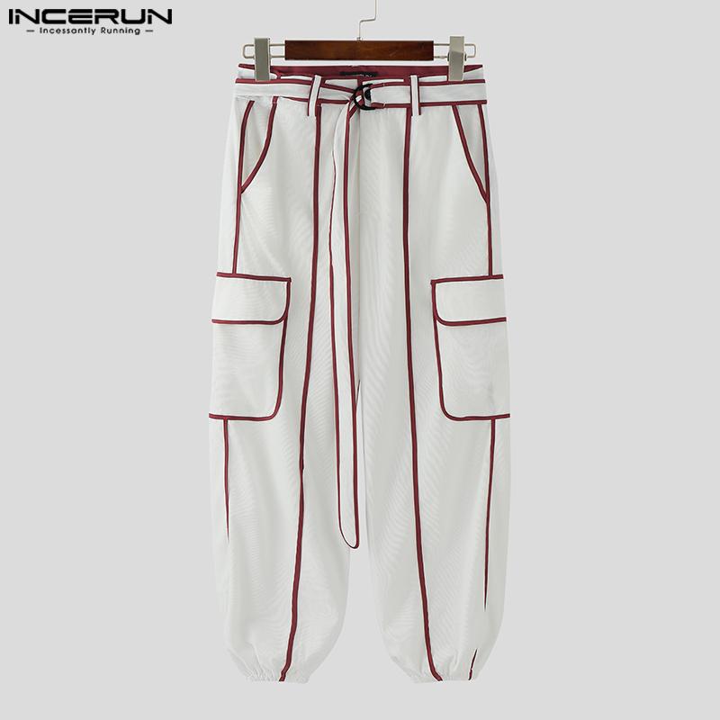INCERUN Men Zip-up Waist Belt Casual Stitching Thin Harem Pants with Pockets