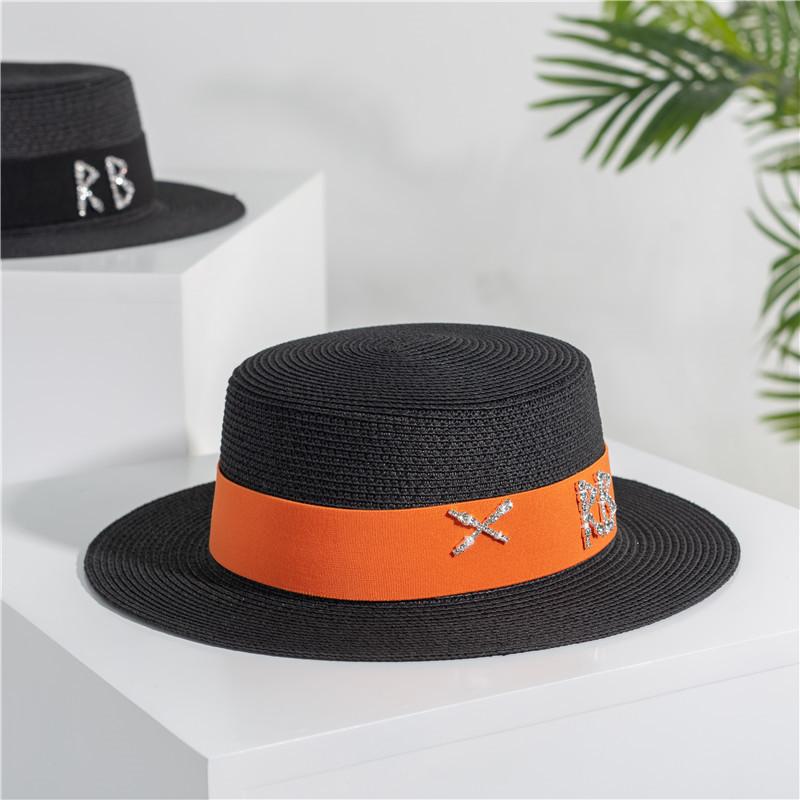 2022 new rhinestone RB letter flat top hat sunscreen black and white straw hat top hat holiday straw hat