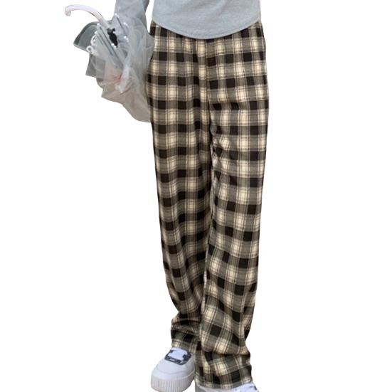 Dámské kalhoty elastický vysoký pas rovný široký kostkovaný potisk Zimní dlouhé kalhoty zesílená sametová podšívka teplé kalhoty