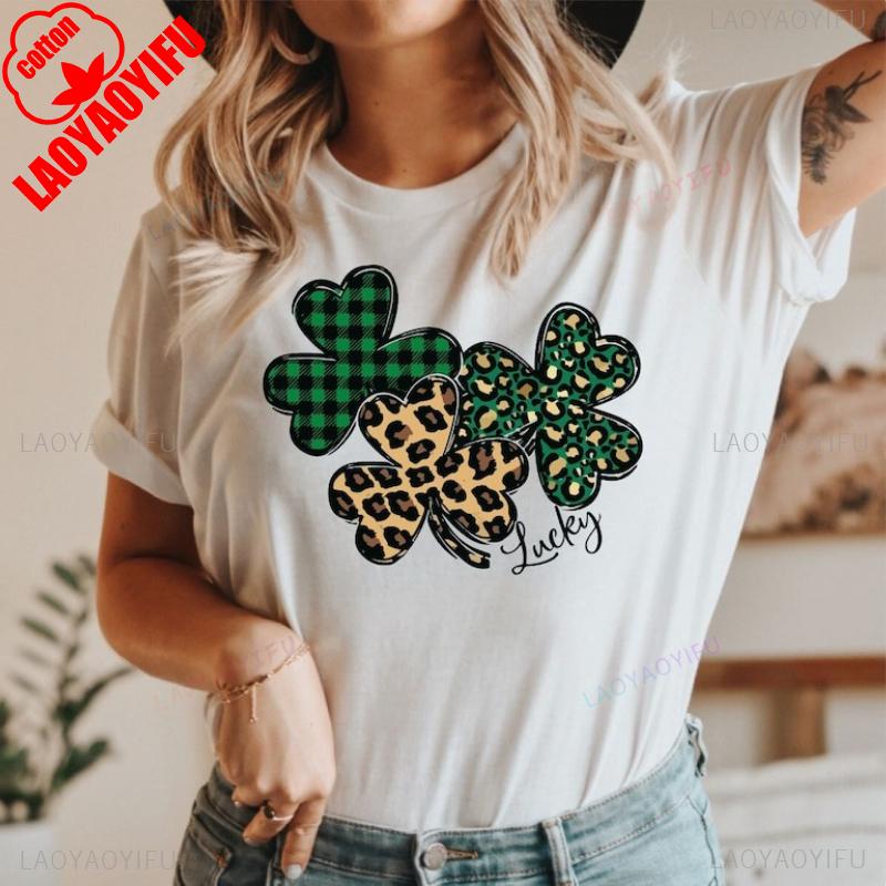 Irish Shirt St Patricks Day Cotton TShirt for Women St Patricks Shirt for Unisex Luck of The Irish Shamrock Leopard Outdoors S