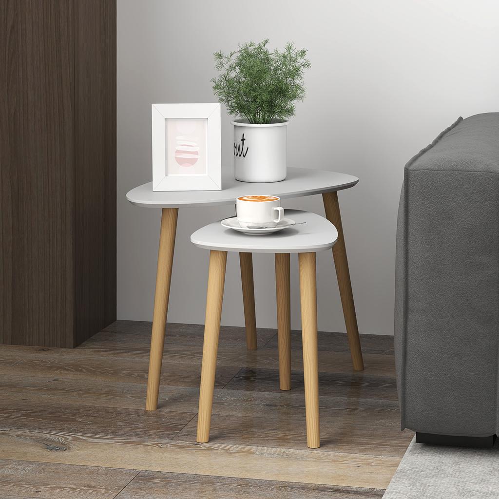 Nesting Coffee Table, Set of 2 Side Tables, Stacking End Tables with Solid Wood Legs, for Living Room Bedroom, Light Grey