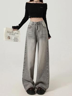 Women Grey Baggy Jeans Harajuku Aesthetic Streetwear Oversize Denim Trousers Y2k Wide Jean Pants Vintage 2000s Casual Clothes