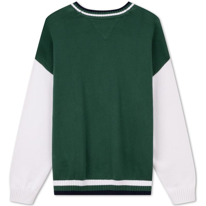 Tommy Hilfiger Cotton College Style Retro Color Block Embroidered Loose V-Neck Knit Sweater Unisex sweater Green White DM0DM18366