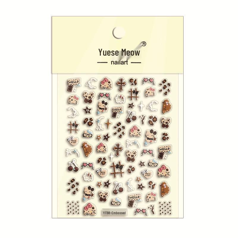 Leopard Print Kitty Cat Nail Stickers - Embossed Heart Design, Self-Adhesive for Girls YF198 Embossed Variant