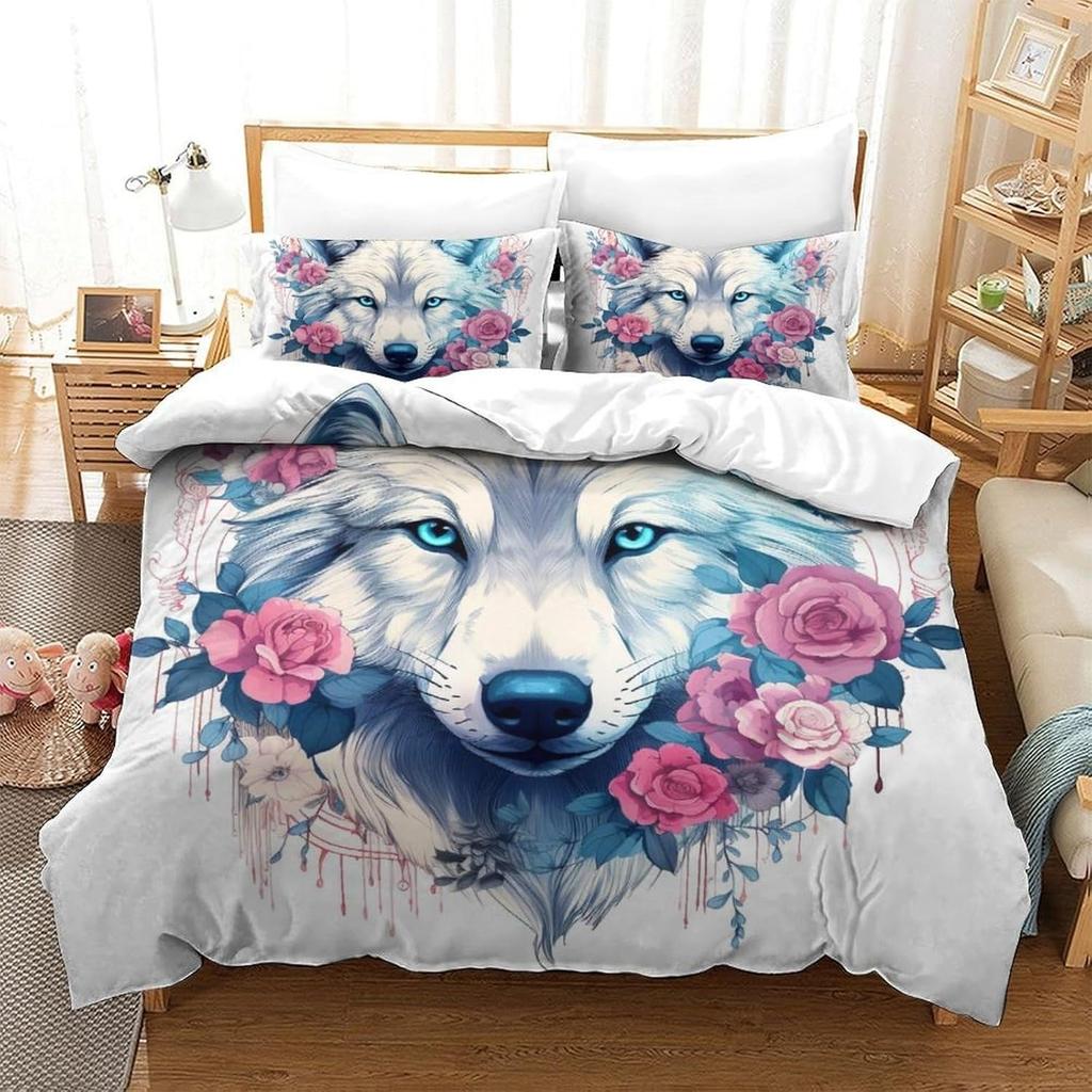 3D Printed Wolf Element Fashionable Down Duvet Cover, Ultra-fine Fiber Bedding Set, Children's and Adult Zipper Down Duvet Cover