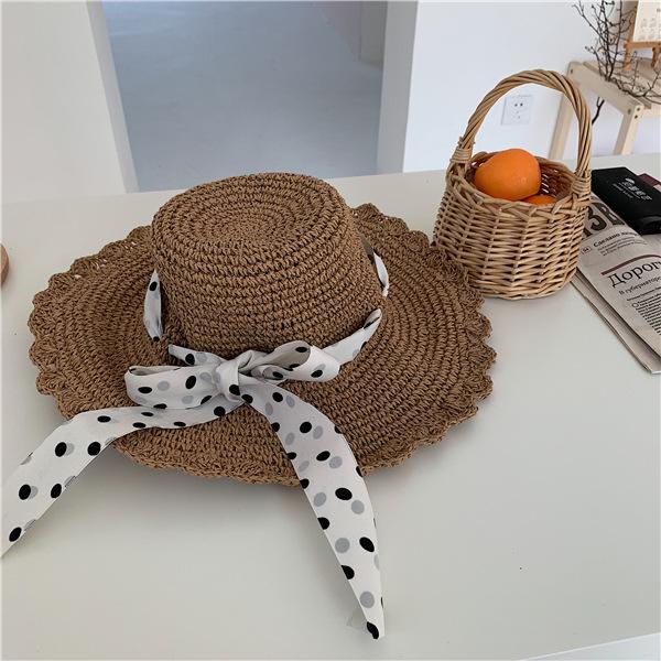 Pastoral cute polka dot streamer bow straw hat women's vacation beach sunscreen big eaves straw visor hat