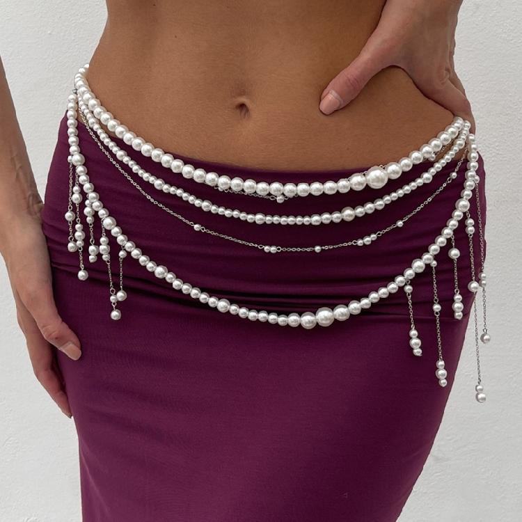 Stylish Women's Imitation Pearls Waist Chain Fashionable Adjustable Bikini Chain Party Body Jewelry for Women Girls