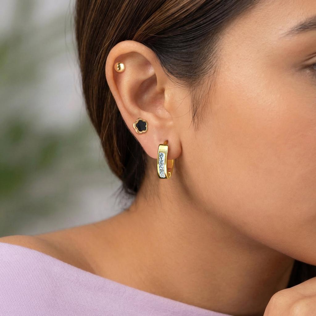 Earrings Set Gold Plated Stainless Steel Black Flower Studs CZ Hoop Earrings for Women Multiple Piercing Jewelry