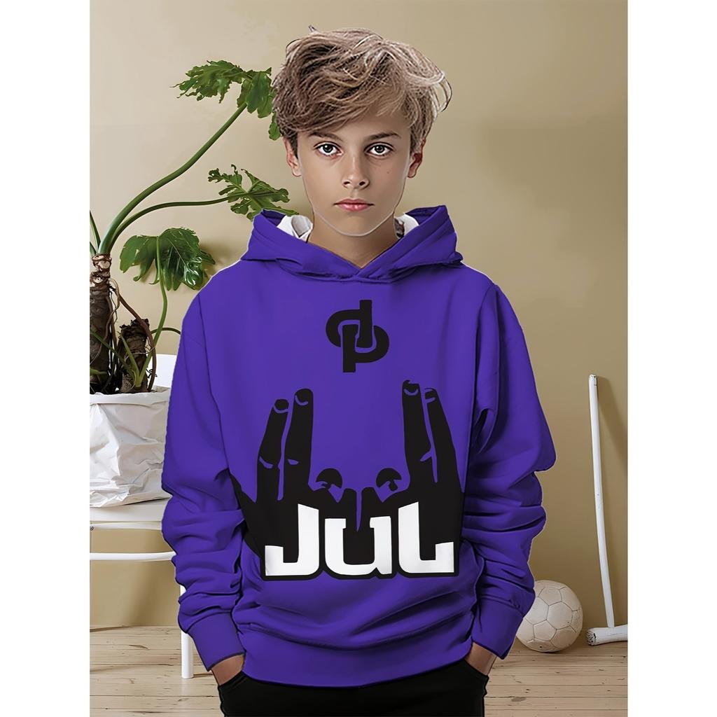 Boys' Hooded Sweatshirt, Rapper Gesture, Fun Gesture JUL Pattern, Blue Trendy and Fashionable Children's Clothing Top