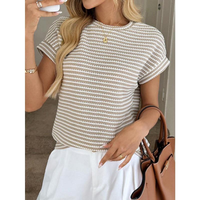 Summer New Women's Round Neck Pullover Two-color Knitted Short-sleeved Top