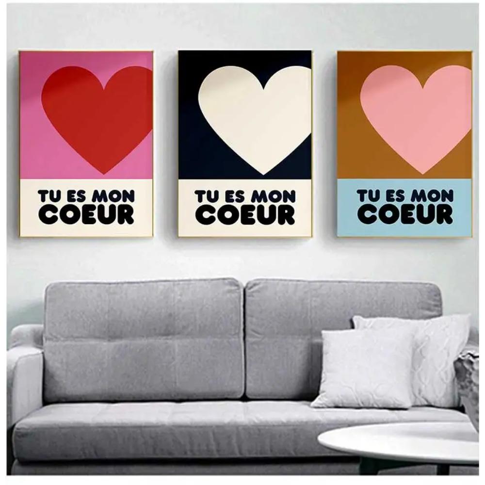 Tu Es Mon Coeur Poster Colorful Heart Pictures Mid Century Wall Art Decor Canvas Painting Couples Gifts Bedroom Home Decorative