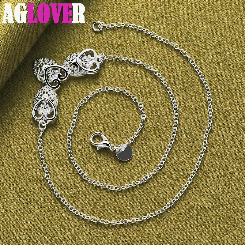 925 Sterling Silver Three Heart Pendant Necklace Chain Jewelry