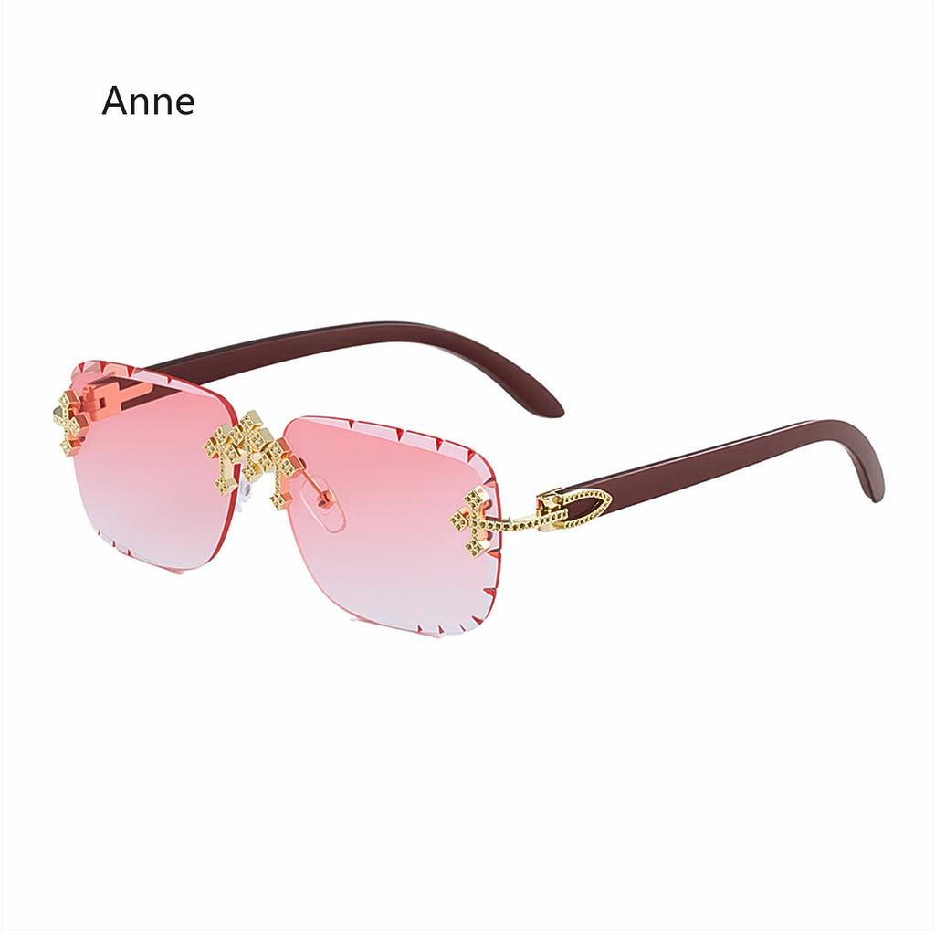 Punk New Men's Retro Square Rimless Sunglasses Cross with Diamond-Cut Edges Gradient Shades Imitation Wood Grain Women Glasses