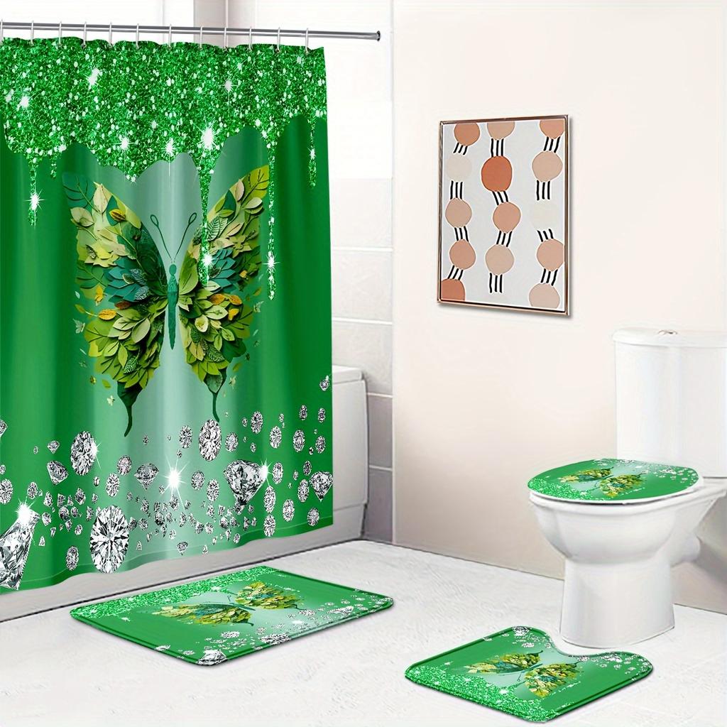 4 Sztuki Luksusowy Zestaw Łazienkowy Zielony Motyl, Wodoodporna Zasłona Prysznicowa z Antypoślizgowymi Dywanikami, Mata Kształcie U Pokrycie Deski Sedesowej, 12 Haczyków