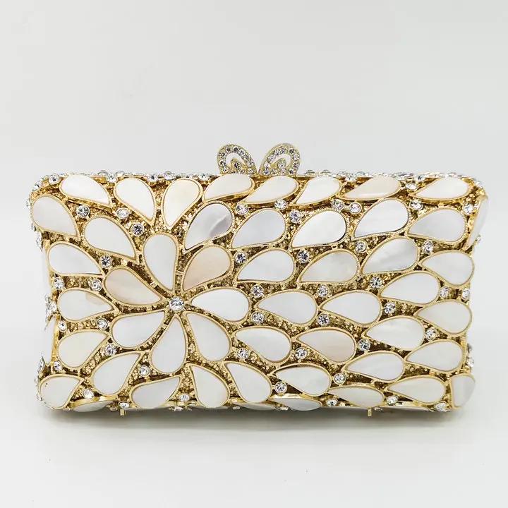 

Boutique De FGG Elegant Natural White Shell Women Crystal Evening Bags and Clutches Wedding Party Cocktail Handbag and Purse Mini Clutch