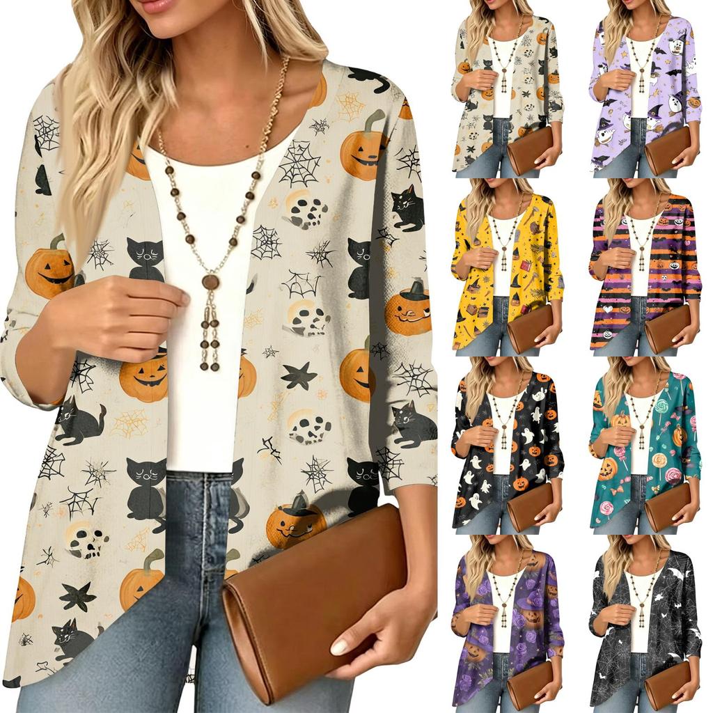Cardigan décontracté léger ample à manches 3/4 imprimé pour femme pour Halloween