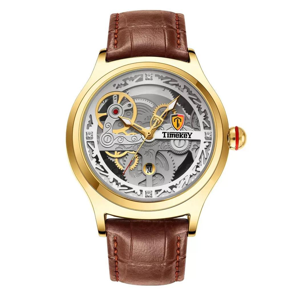 Classic Mechanical Style Stainless Steel Buckle Skeleton Dial Screw Crown Luminous Men's Quartz Watch