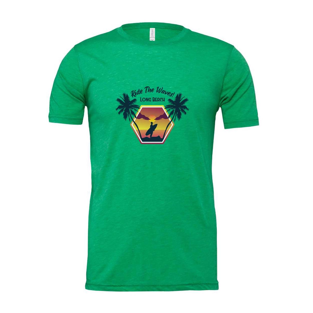 Surfing Sunset Hexagon Graphic Tee With Palm Trees And Rider Silhouette On Long L