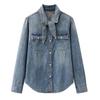 Disponible: Chemise en jean bleu rétro polyvalente à lacets et perles pour femmes - Printemps 2026
