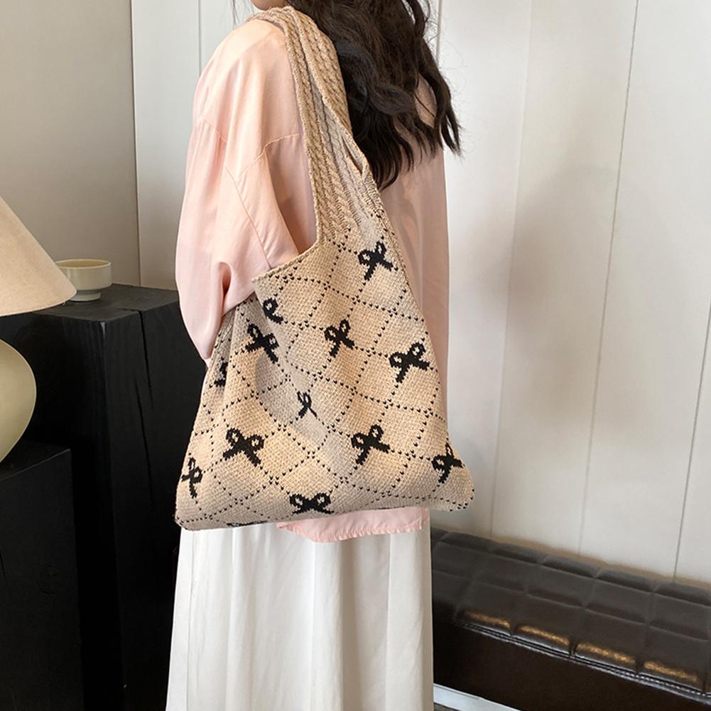 Women Crochet Tote Handbag Large Capacity Crochet Grocery Bag Contrast Color Travel Shopping Handbag Female Holiday Bag