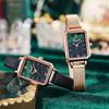 Women Watches Fashion Square Ladies Casual Quartz Watch Bracelet Set Green Dial Simple Rose Gold Mesh Watches