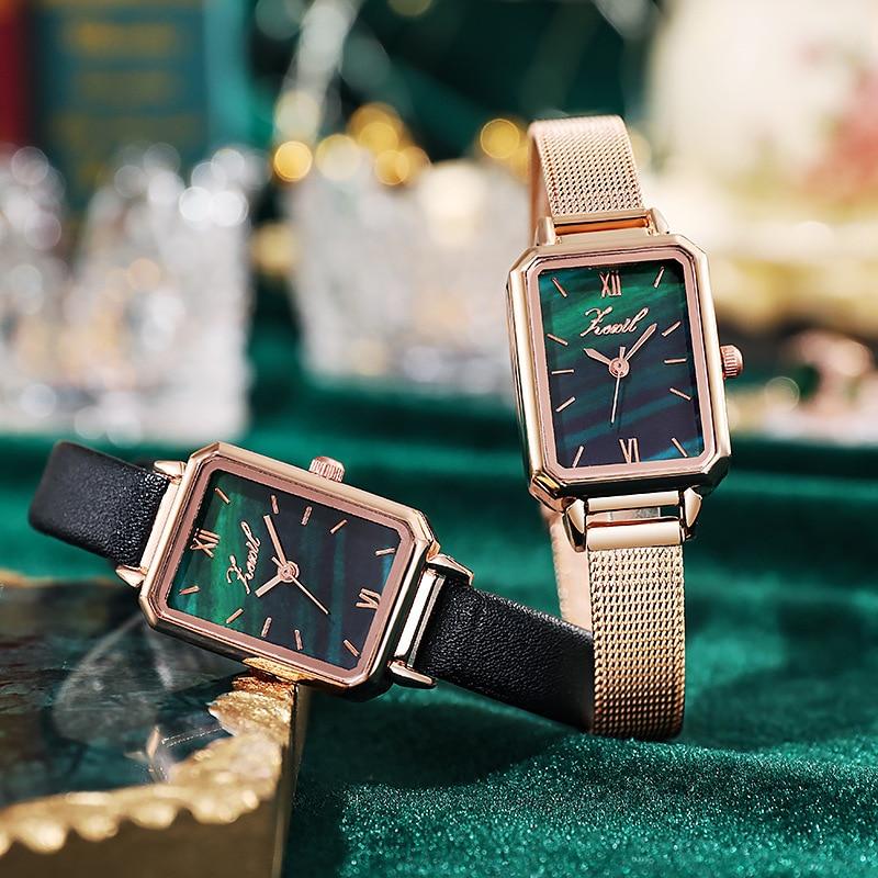 Women Watches Fashion Square Ladies Casual Quartz Watch Bracelet Set Green Dial Simple Rose Gold Mesh Watches