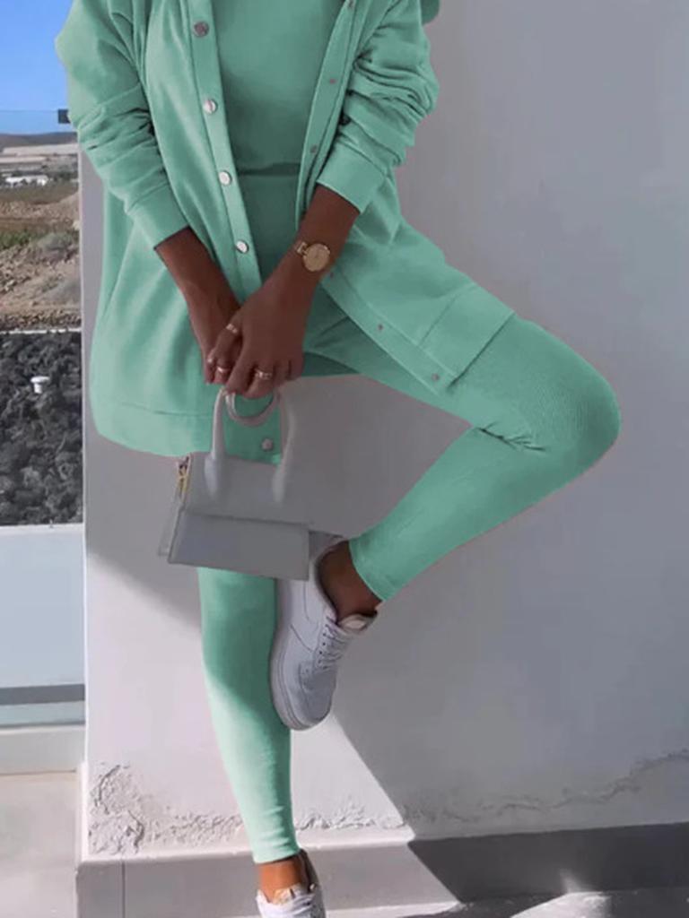 Spring New Women's Casual Hooded Sweatshirt & Slim Fit Ribbed Pants Set - 3 Pieces