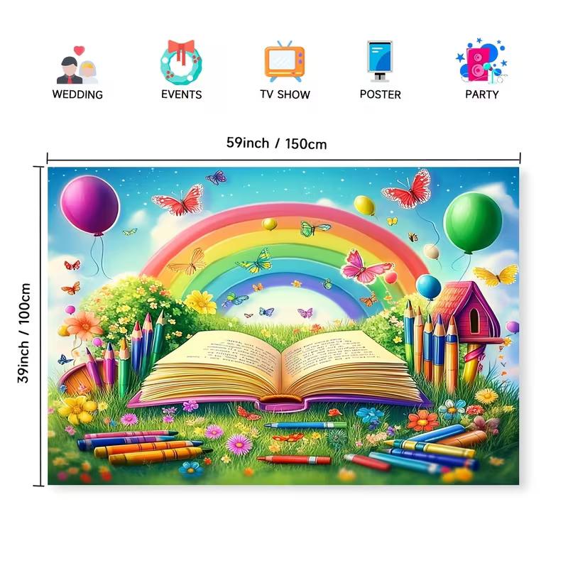 Rainbow Book & Crayons Kids Tapestry, Colorful Butterfly Floral Wall Hanging