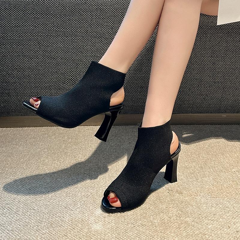 Women's Square Heel Sandals Summer New Round Head Fabric Fabric Anti-slip Wear-resistant High Heels