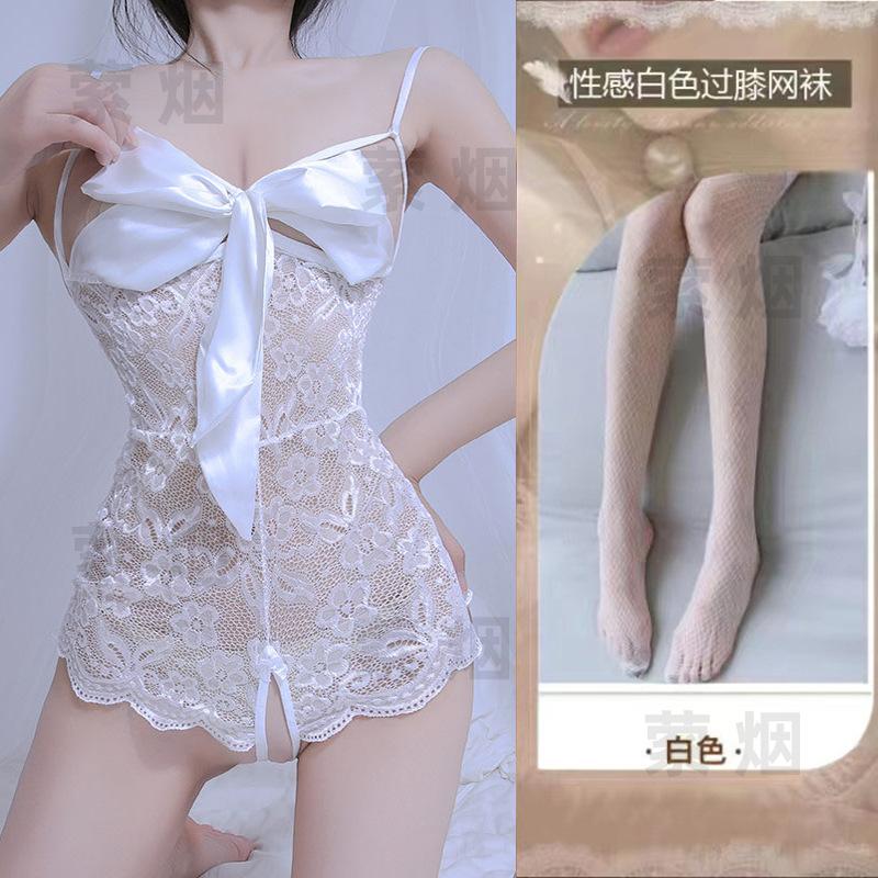 Sex underwear lace temptation transparent hollow sexy onesie bow qqny open uniform set