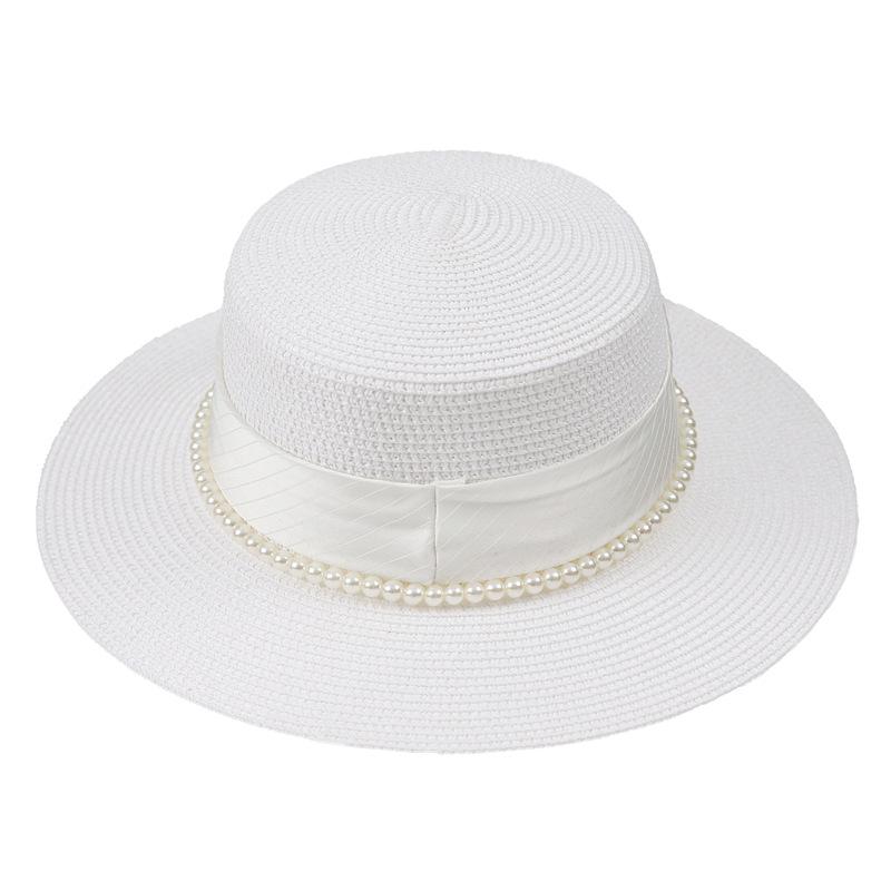 French Celebrity Flat Top Hat Summer Elegant Pearl Straw Seaside Sun Hat Children