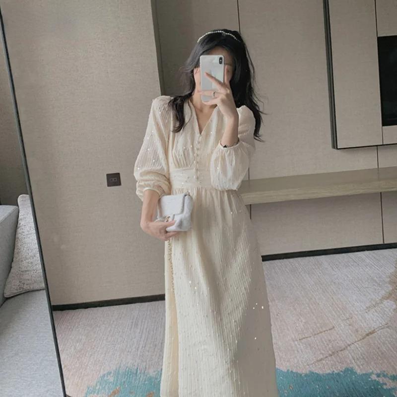 Vintage French Puff Sleeve Midi Dresses for Women Party Korean Sequins Dress Elegant Fairy Wedding Female Clothes Autumn 2024