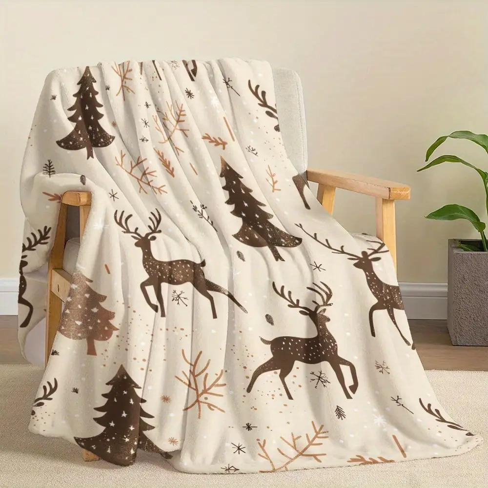 Christmas Vintage Reindeer Forest Flannel Blanket, Soft Warm Polyester Modern Style, All-Season for Napping Camping Traveling