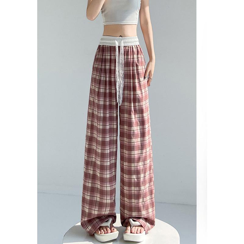 

Широкие брюки в клетку с кружевом и завязками для женщин на весну и лето, с высокой талией, свободные повседневные брюки в пол с ленивым фасоном XL розовый